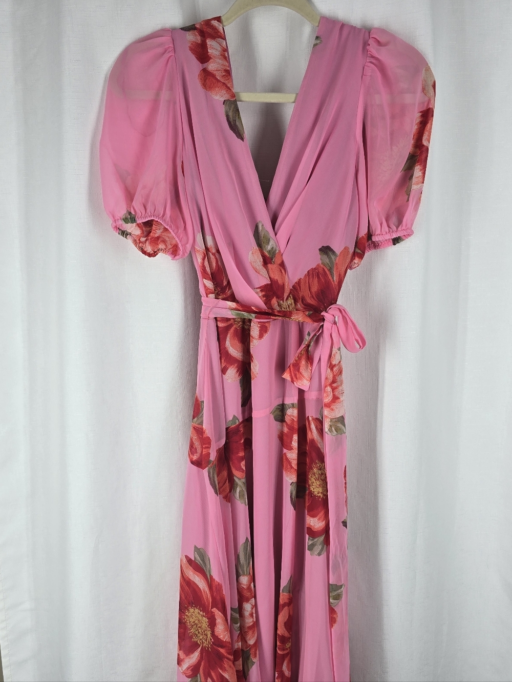 Maison Tara Pink Maxi Dress with Red Floral Print
